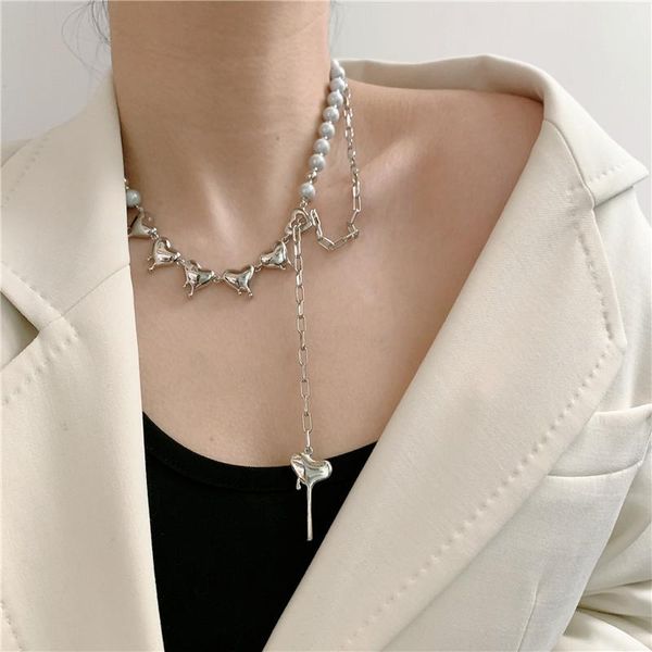 

chokers timeonly unique design splicing imitation pearl love heary chain choker neckalce hollow metal tassel charms neckalces for womem, Golden;silver