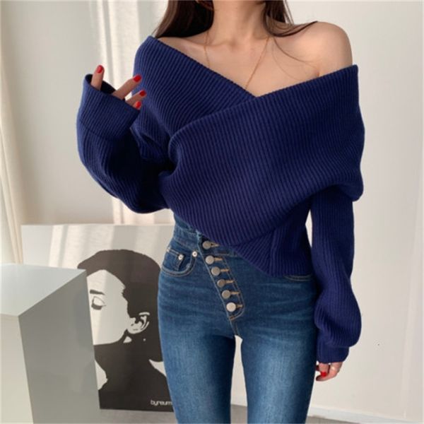 

2021 new female knitted sweater oversized solid slash cross neck without straps knit long sleeves autumn 8aus, White;black