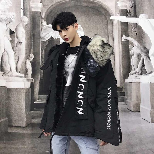 

winter new jacket men warm thick fashion letters printed casual fur collar hooded coat man streetwear wild loose male clothes1, Black