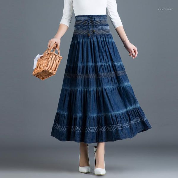 

cowboy national style women's longuette harajuku jean skirt 2020 new style high-waist retro yifeng pleated skirt swinging1, Black
