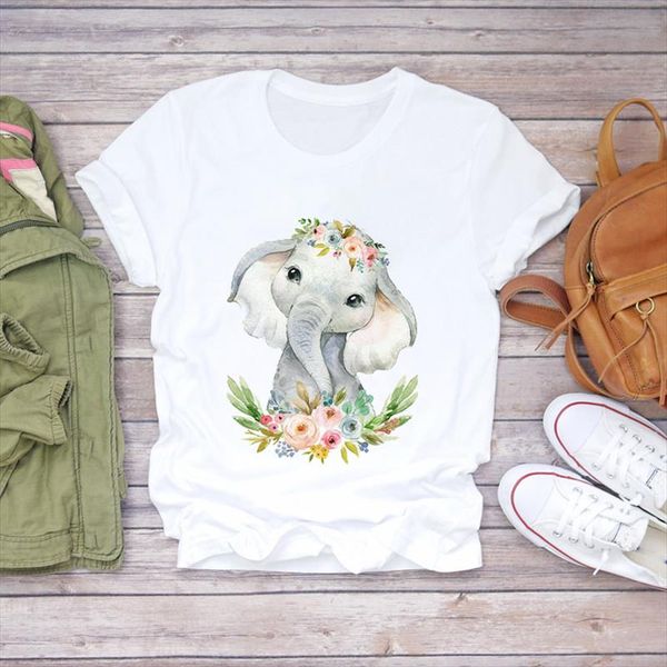 

женщины слон милые животные цветочные мультфильм эстетики 90s дамы печатают леди футболки топ женские графические футболка женская футболка, White