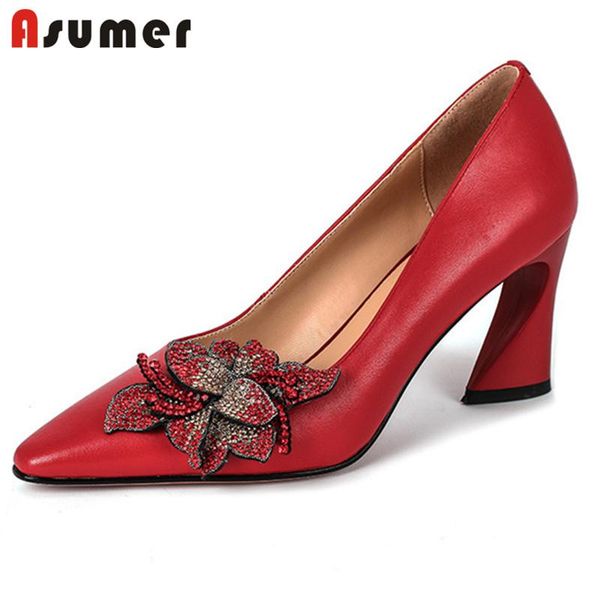 

asumer 2020 new arrive genuine leather pumps women shoes flower pointed toe fashion wedding shoes high heels single woman, Black