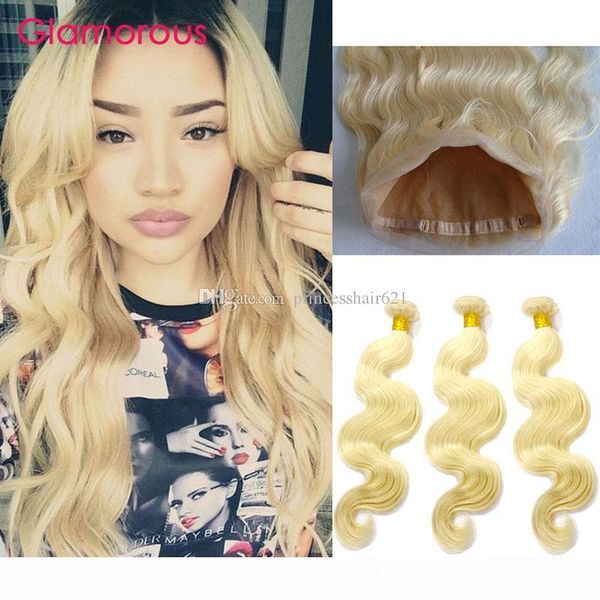 

glamorous blonde body wave human hair weaves with 360 lace frontal brazilian peruvian malaysian #613 human hair bundles with 360 closure, Black;brown