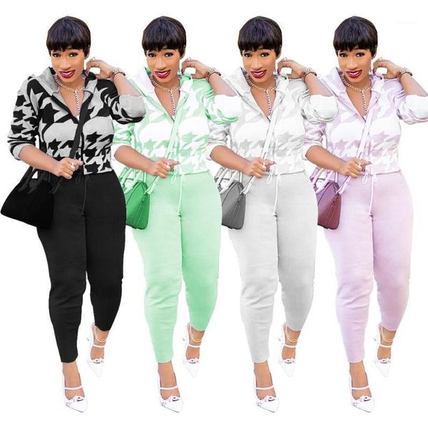 

winter casual print women two piece set sweater hooded jacket coat + long pants tracksuit women colthes for outfit1, Gray