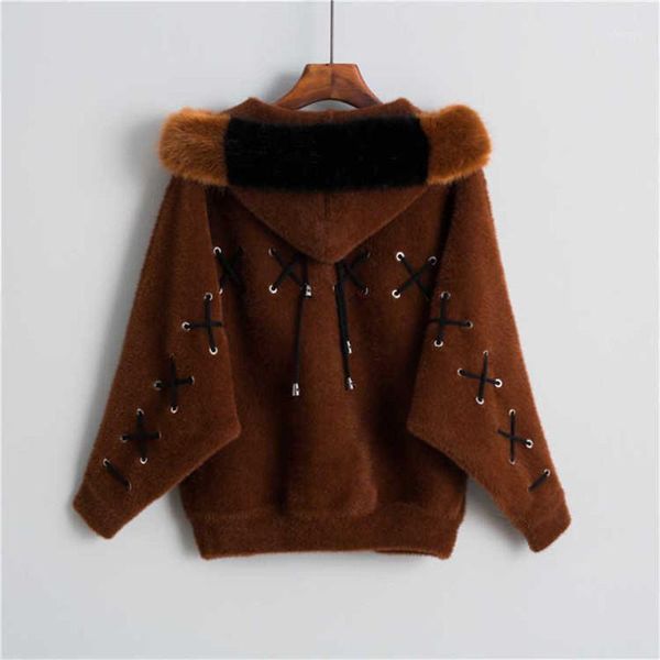 

women 2020 autumn winter faux mink sweater coat female batwing sleeve hooded open stitch coat warm jacket casaco mujer k1921, Black