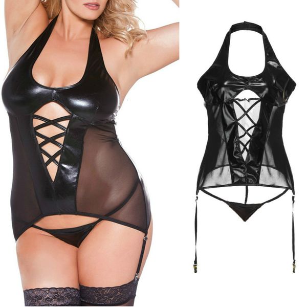 

women transparent lingerie set tights glossy pu leather breast exposing bodysuit erotic latex babydoll belt cosplay, Black;white