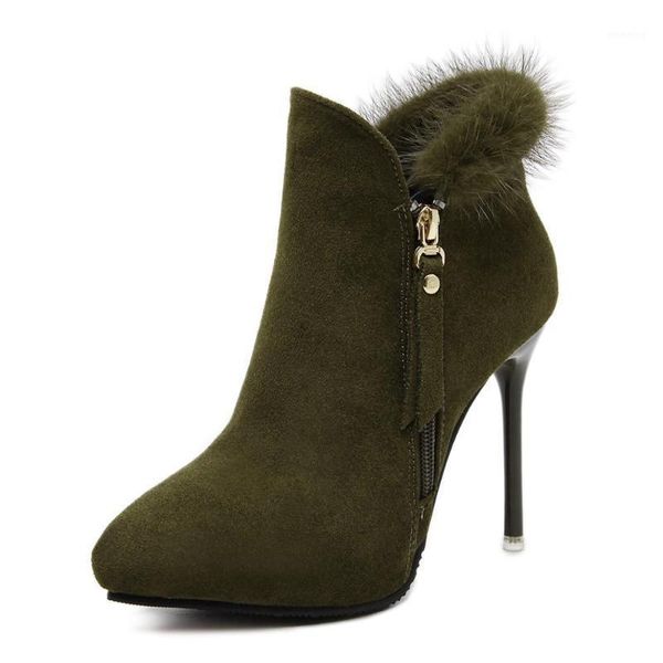

boots ankle army green high heels women winter zip ladies fur wedding shoes party booties dress pumps1, Black