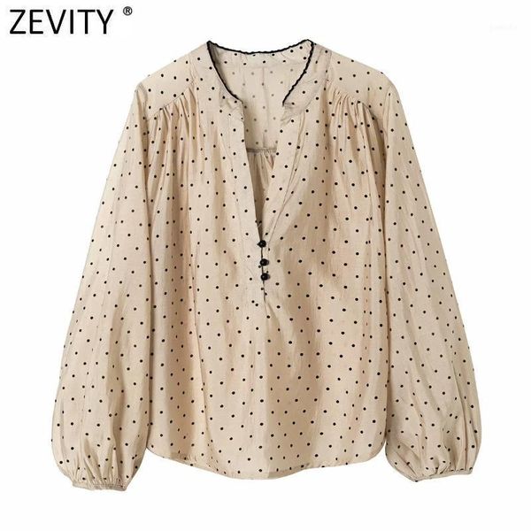 

zevity new women elegant v neck polka dot print smock blouse ladies lantern sleeve kimono shirt roupas chic blusas ls73501, White