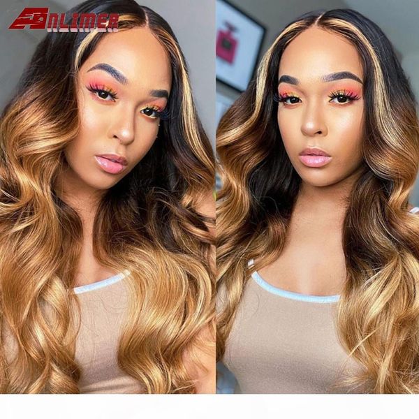 

brazilian body wave lace front human hair wigs with baby hair t part honey blonde highlight wigs remy density 150 for women, Black;brown