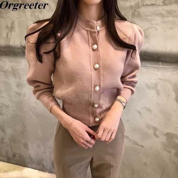 

korean new fall/winter short slim all-match ruched puff sleeve pearl button knit sweater women knitted cardigan jacket 201030, White
