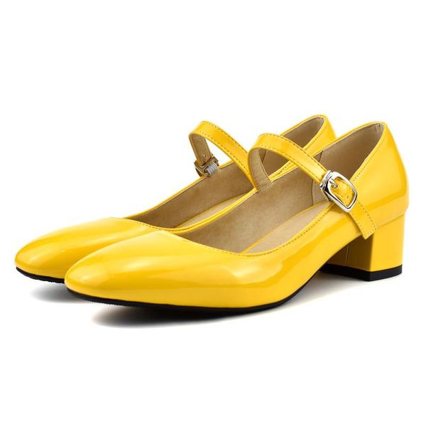 

dress shoes ymechic fashion patent yellow black white chunky heel mary jane for women heels shallow ladies pumps footwear summer 2021