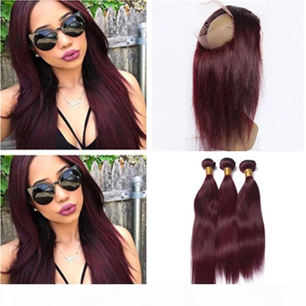 

virgin peruvian burgundy human hair 3bundles with 360 frontal 4pcs lot straight #99j wine red 360 lace band closure with extensions, Black;brown