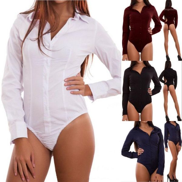 

women's jumpsuits & rompers women v-neck blouse slim solid color button up casual ladies stretch bodysuit leotard bodysuits1, Black;white