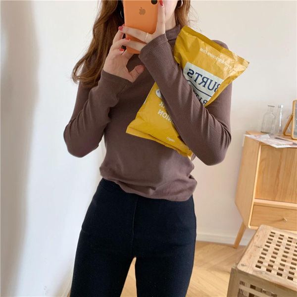 

semi high collar solid color t-shirt women's autumn and winter new korean version with slim and foreign style long sleeve top, White