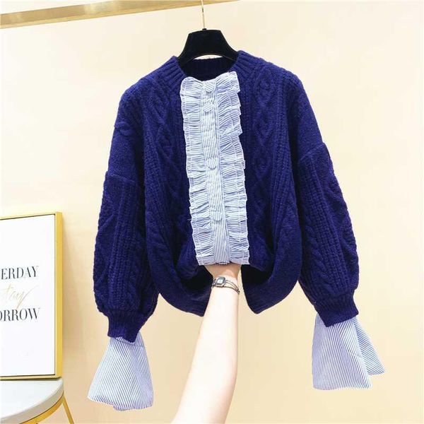 

2020 autumn winter new loose sweater fashion stripe stitching horn sleeve knitted cardigan jacket women sweaters lady knitwear1, White