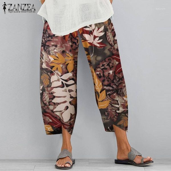 

zanzea vintage women elastic waist floral printed harem pants summer cotton linen trousers loose casual wide leg pantalon pants1, Black;white