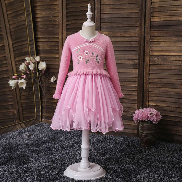 

bottomcoat girls' woolen children's knitted mink cashmere pullover girl's drs mh embroidery princs skirt, Red;yellow