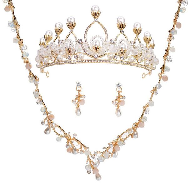 

handmade beaded gold bridal headdress necklace earring set wedding dress accessories crown, Silver