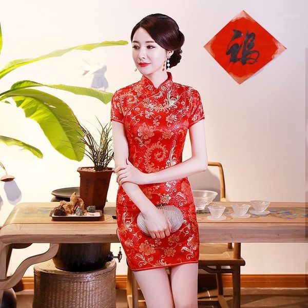 

2020 spring summer cheongsam short dress brocade retro pattern slim plus size mother women's clothing evening party gown qipao1, Red
