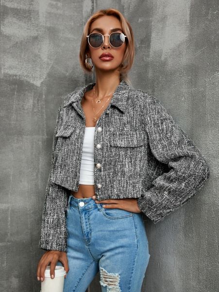 

pearls-button crop overcoat j518#, Black