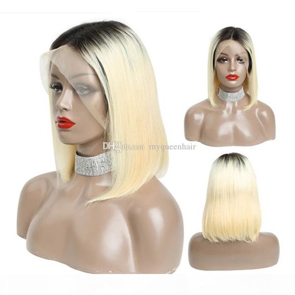 

lace front human hair colorful bob cut wigs 1b 613 color straight transparent short wigs 130% honey blonde ombre color, Black;brown