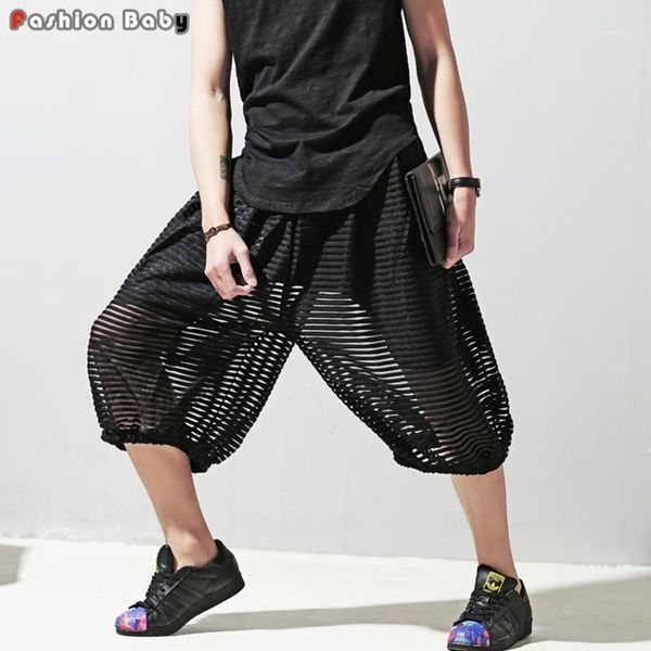 

men's wide leg striped see through loose culottes pant original design fashion brand low crotch summer pants 2016 new1, Black