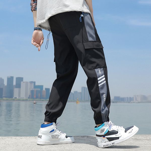 

autumn overalls casual cropped men's thin fashion brand loose legged sports korean pants, Black