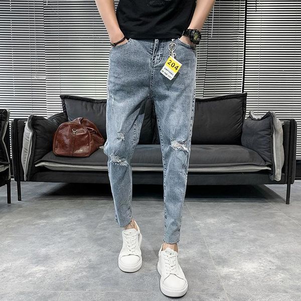 

men's jeans all match simple ankle length slim fit hole men clothing 2021 fashion streetwear solid casual denim pants hip hop 34-28, Blue
