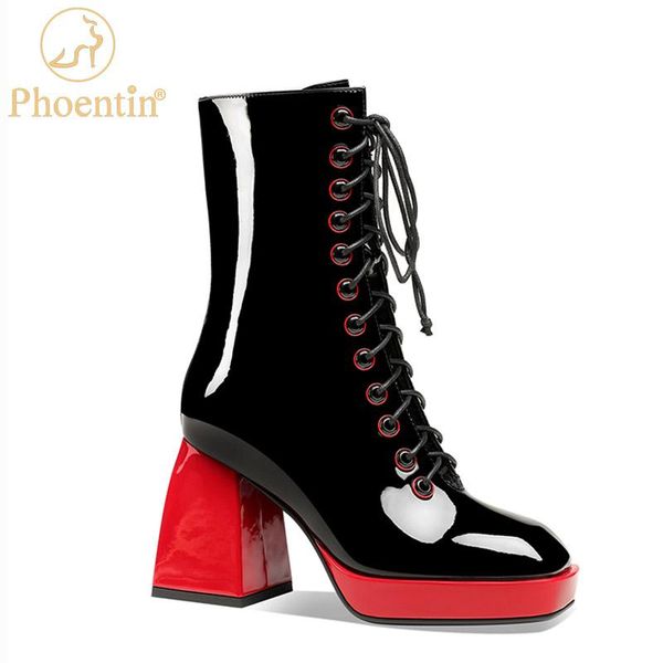 

phoentin red boot mid calf square toe real leather platform shoes women's high heel boots cross tied women's footwear ft1146, Black