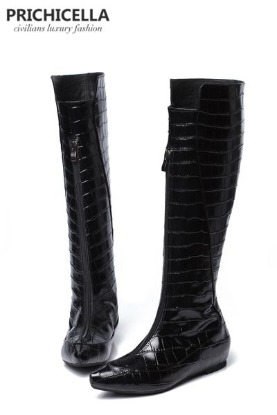 

prichicella genuine leather black crocodile wedge heel knee high boots animal print winter gladiator tall booties y200723