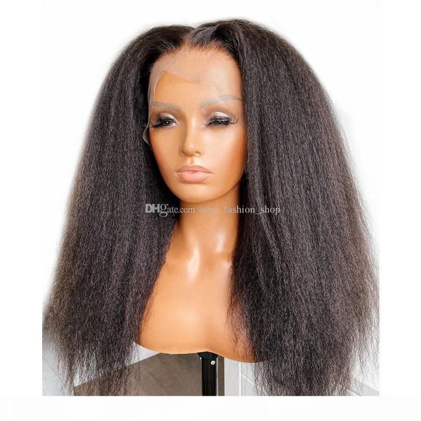 

kinky straight human hair wigs with baby hair brazilian remy 5x5 silk base closure wigs 13x6 lace front wigs for women, Black;brown