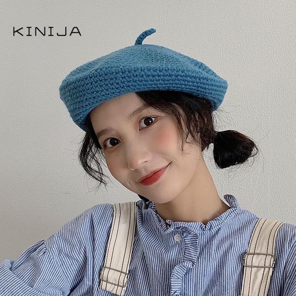 

women beret autumn and winter craft hat felt hair decoration british retro wool painter octagonal hat knitted walking cap, Blue;gray
