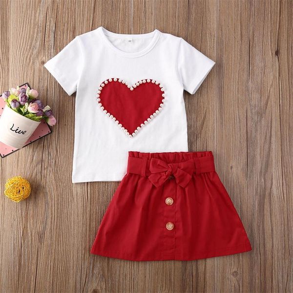 

summer new 2020 baby girls clothing 1-4t infant kid clothes pearls heart shirt + skirt 2pcs set outfit t200707, White
