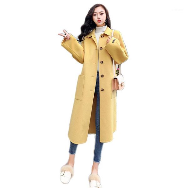 

woolen coat women yellow plus cotton long jackets 2020 autumn winter new korean fashion loose single breasted blends ld15091, Black