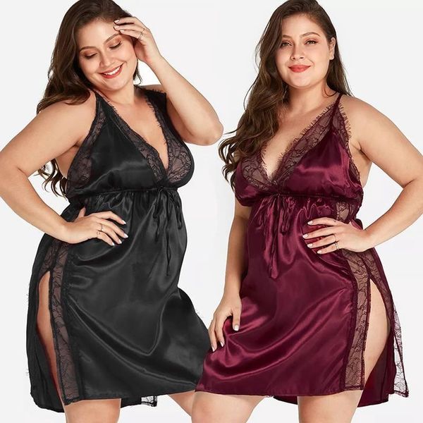 

women's sleepwear fashion plus size l-5xl sleeveless v-neck backless hollow lace lingerie nightdress, Black;red