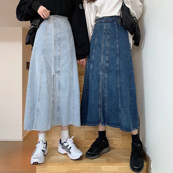 

new women 2021 fashion split mid calf length denim skirts vintage ladies high waist a line midi skirt kt3i, Black
