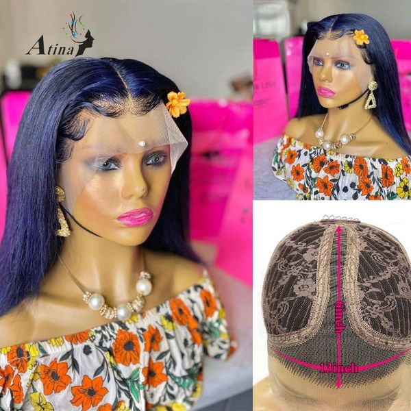

atina pre plucked human hair wig 6inches deep part dark blue colored straight transparent lace front human hair wig remy, Black;brown