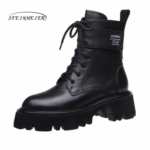 

women winter ankle boots genuine leather woman shoes 2020 fashion thick high heels round toe lace-up short ladies boots, Black