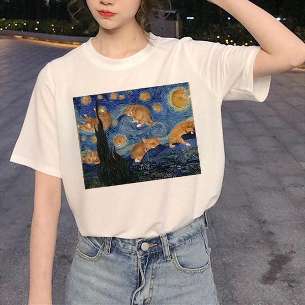 

kawaii cat graphic t shirt women harajuku ullzang cute t shirt funny cartoon aesthetic 90s tshirt fashion summer tees female, White