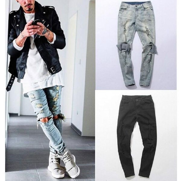 

men's jeans longbida mens distressed hip hop ripped biker knee big hole swag clothes destroy skinny denim pants1, Blue