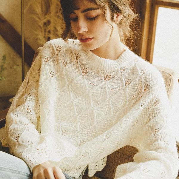 

retro fashion mohair women sweater 2020 o neck hollow out crochet wave bottom sweaters vintage french lazy elegant sweater1, White;black