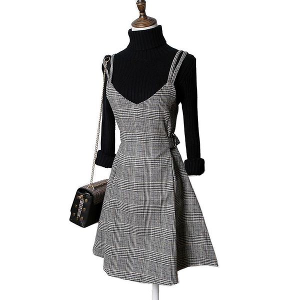 

vintage preppy style plaid dress women autumn winter sleeveless mini sundress female plus size spaghetti strap dress vestidos, Black;gray