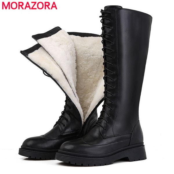 

morazora 2020 new genuine leather boots women shoes lace up warm winter boots nature sheep wool mid calf boots ladies botas lj201130, Black