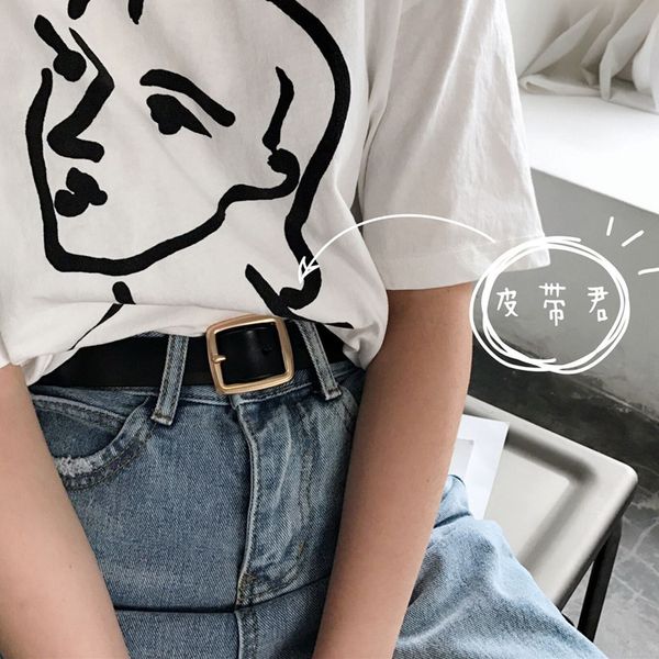

korean chic texture metal gold simple square buckle two layer cowhide soft black belt popular for women, Black;brown