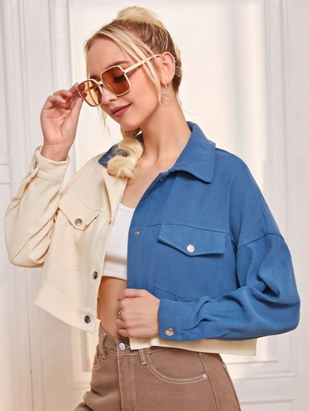 

colorblock drop shoulder button up crop jacket x33x#, Black;brown