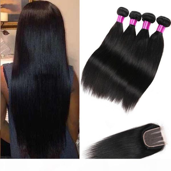 

peruvian indian malaysian brazilian straight hair weaves closure virgin hair bundles with closure human hair bundle lace closure, Black