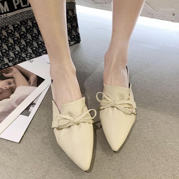 

slippers bow mules shoes women low heel pu leather pleated summer outdoor fashion closed toe flat sandals1, Black
