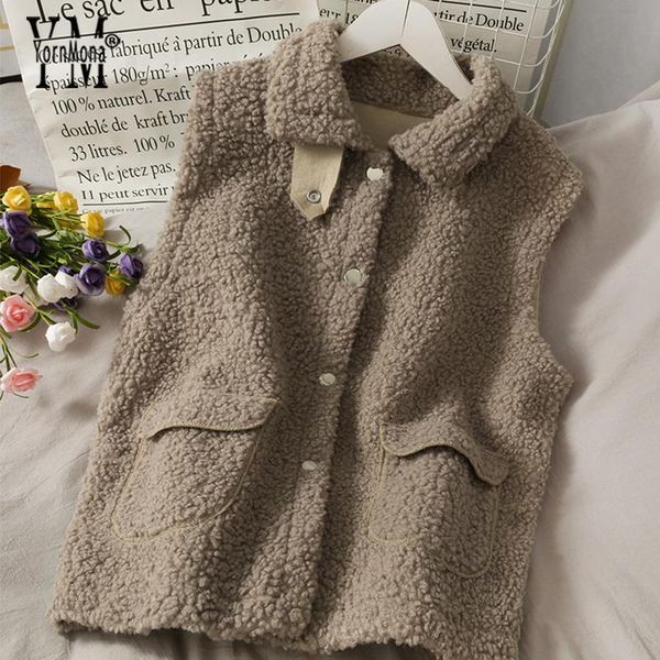 

women's vests yornmona ins fashion man-made lambswool midi long 2021 autumn winter sleeveless jacket casual warm ladies outwear, Black;white