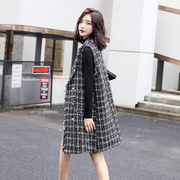 

women's vests 2021 spring and autumn ladies explosion models korean fashion long sleeveless plaid wool vest tide1, Black;white