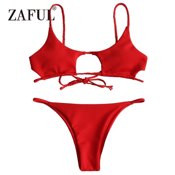 

zaful bikini braided ribbed women swimsuit cutout bikini set solid padded swimwear low waisted swimming suit beach biquni t200508, White;black